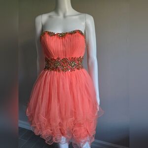 Chic Strapless Coral Prom Dress with Embellished Waist